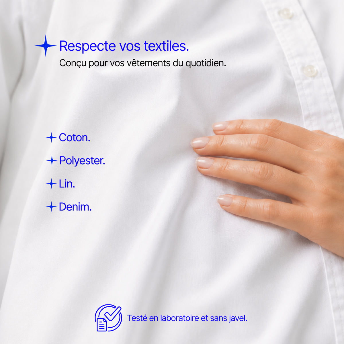 Stylo détachant Oclat conçu pour respecter les textiles du quotidien comme le coton, le polyester, le lin et le denim, sans javel.