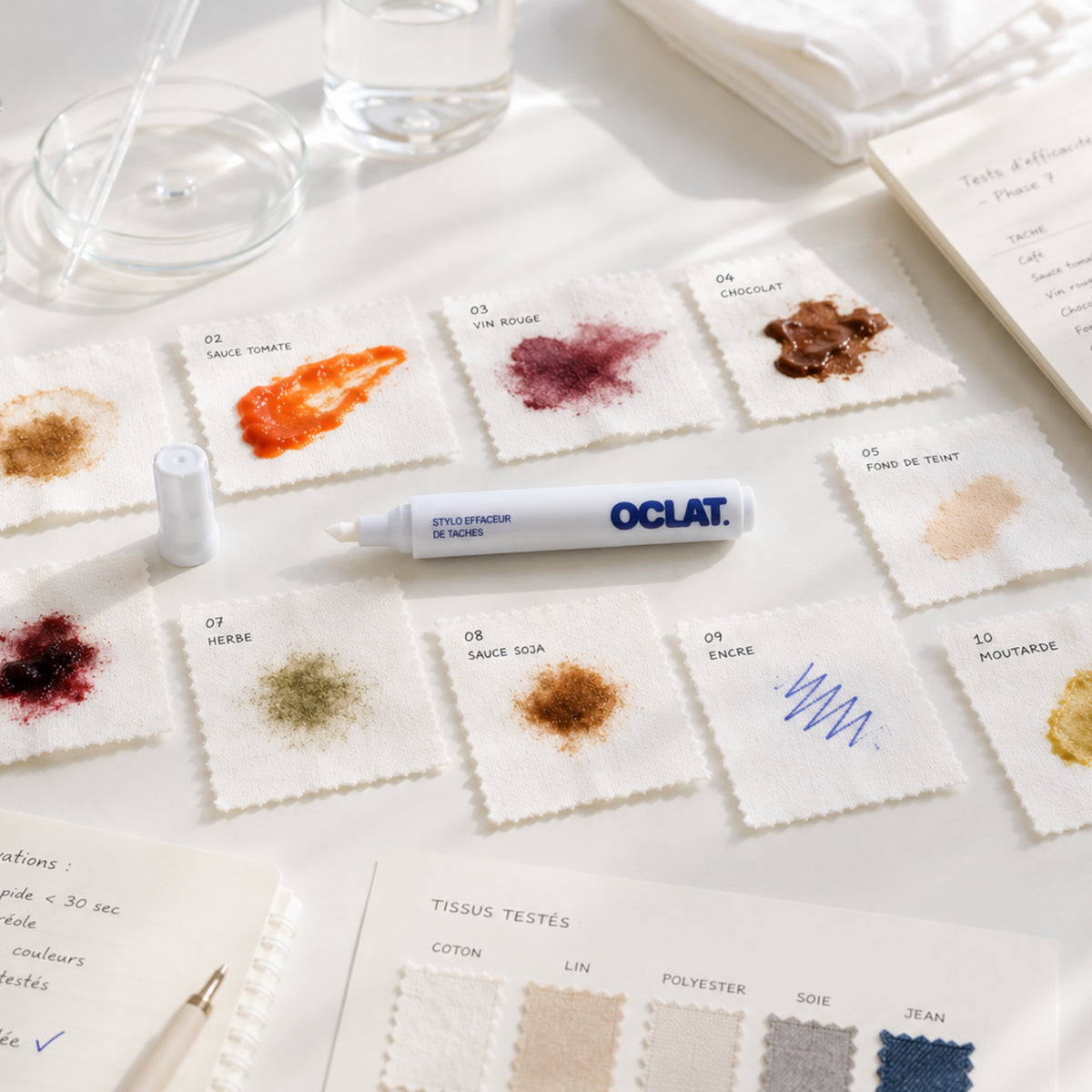 Stylo détachant Oclat entouré d'échantillons de tissus tachés utilisés pour tester son efficacité sur différentes taches et matières.