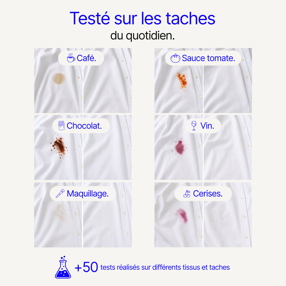 Tests d'efficacité du stylo détachant Oclat sur des taches de café, sauce tomate, chocolat, vin, maquillage et cerise sur une chemise blanche.